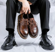 Mens Faux Leather Platform Lace Up Carved Brogue Dress Work Casual Outdoor Shoes