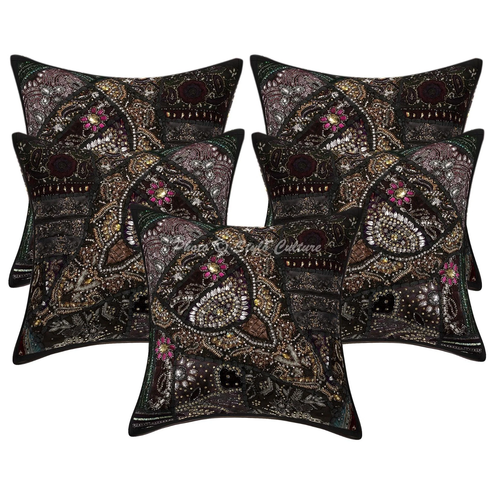 Boho Cotton Throw Pillow Covers Beaded Patchwork Black Neck Design Home Decor