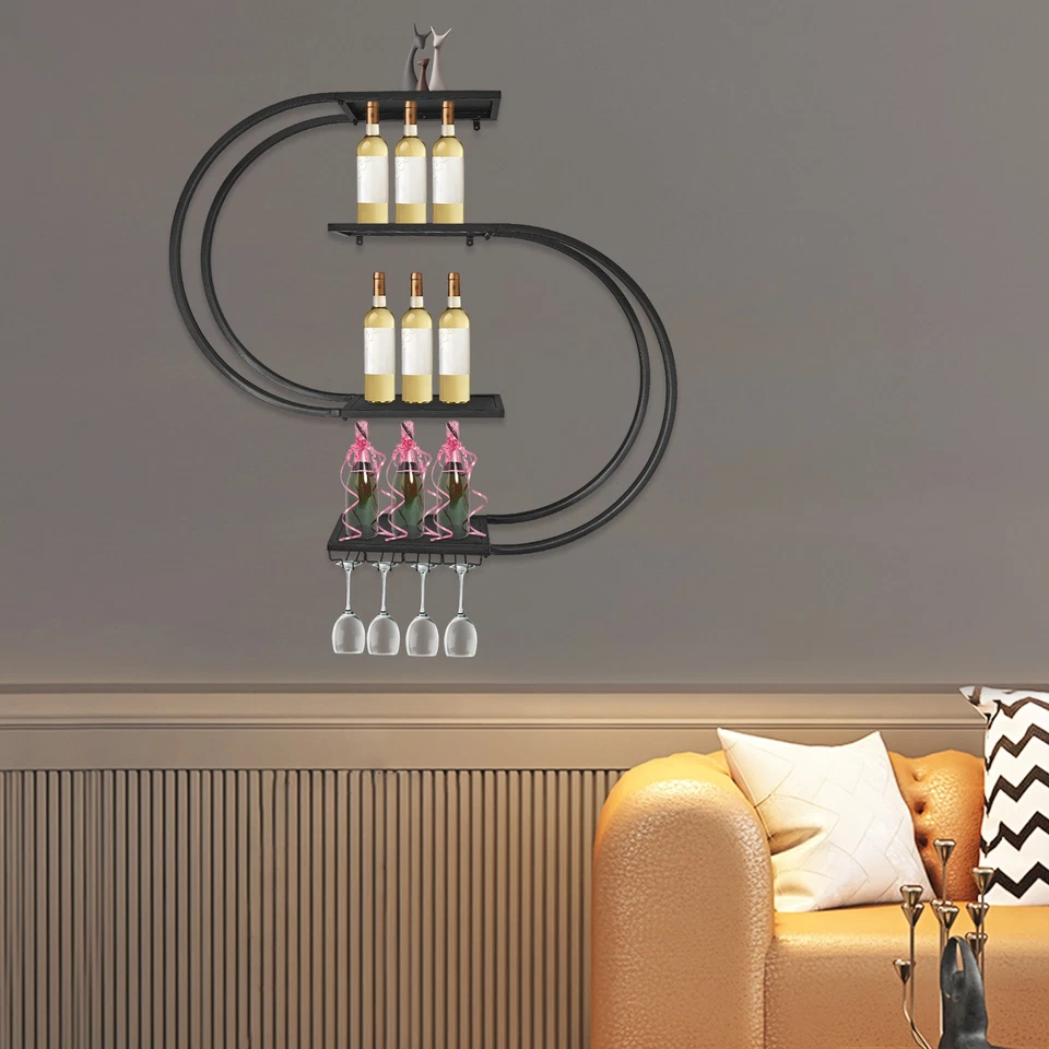 Wall Mounted Wine Rack, Wine Storage Rack, Wine Rack with Wine Glass Hooks - Image 3 of 4