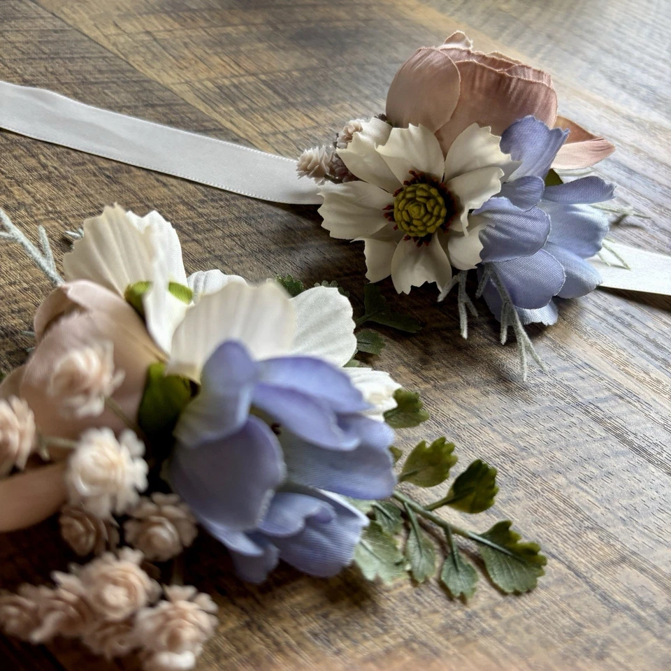 Set Of 2 Piece Corsages Wedding Accessories Dusty Blue/Dusty Pink/Ivory New - Image 2 of 4
