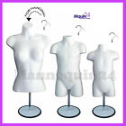 3 Mannequins-Female, Child & Toddler Body Forms in White +3 Stands +3 Hangers