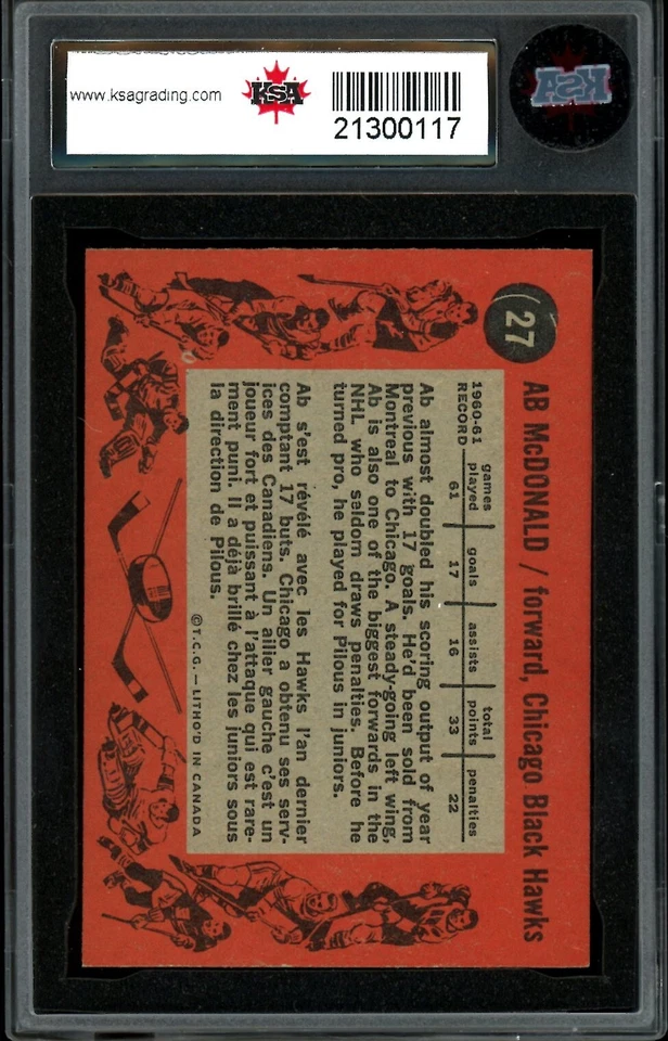 1961-62 TOPPS HOCKEY NHL #27 Ab Mcdonald KSA 8 NM-MT Chicago Black Hawks - Image 2 of 2