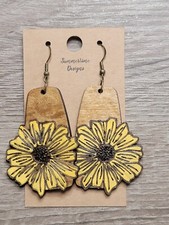 Hand Painted Laser Cut Wood Earrings Yellow Sunflower 2"