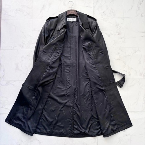 BALMAIN Leather Long Coat Belted Trench Coat Black Jacket Lambskin USED - Picture 3 of 13