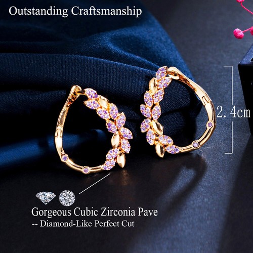 Lovely Yellow Gold Purple Cubic Zirconia CZ Crystal Leaf Hoop Earrings for Women - Bild 3 von 8