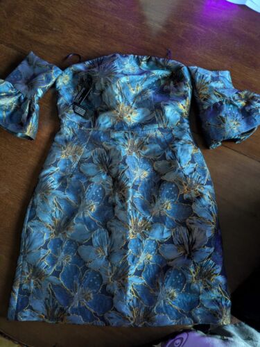 TOP SHOP BEAUTIFUL BLUE GOLD METALLIC FLORAL Shoulder DRESS SIZE 10 BNWT NEW £69 - Picture 2 of 15