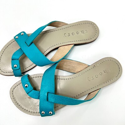 サンダル・ミュール Blue Leather Thong Flats Theory Womens Sz 39 Blue Leather Slip On Flat Sandals Summer