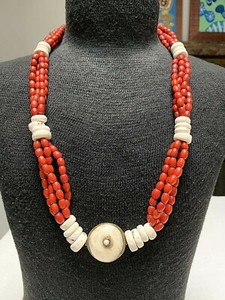 Old Himalayan Coral Red Glass Bead (Sherpa Coral) and Naga Shell Necklace
