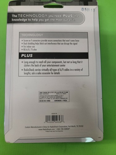 RADIOSHACK 6-FT.(1.82M) COAX CABLE BLACK RG-6U 75-Ohm MPN1500018 NEW - Picture 2 of 2