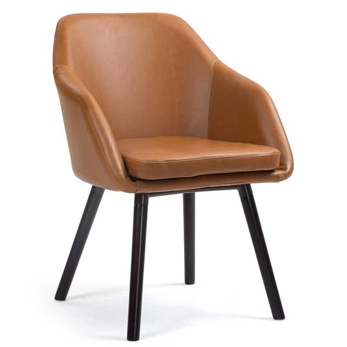 Glamour Home Arm Chair w/ Beech Legs Faux Leather Retro-Modern Caramel Brown - Picture 3 of 7
