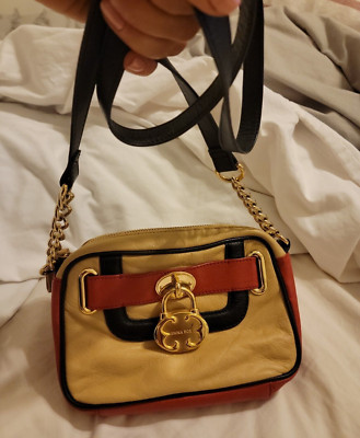 EMMA FOX COLOR-BLOCK RED/BLACK/TAN LEATHER Crossbody Purse Bag Handbag Exc. Cond