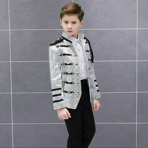 Boys Kids Children Sequin Single Breasted Jacket Dance Show Blazer Loose - Picture 3 of 11