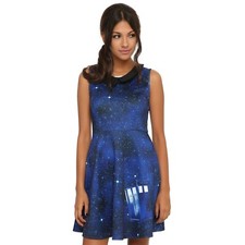Dr. Who Womens M Blue Galaxy Tardis Dress A Line Sleeveless BBC Peter Pan Collar