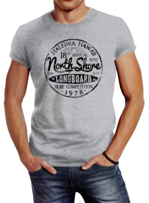 Herren T-Shirt North Shore Longboard Retro Surf Motiv Wellenreiten Slim Fit