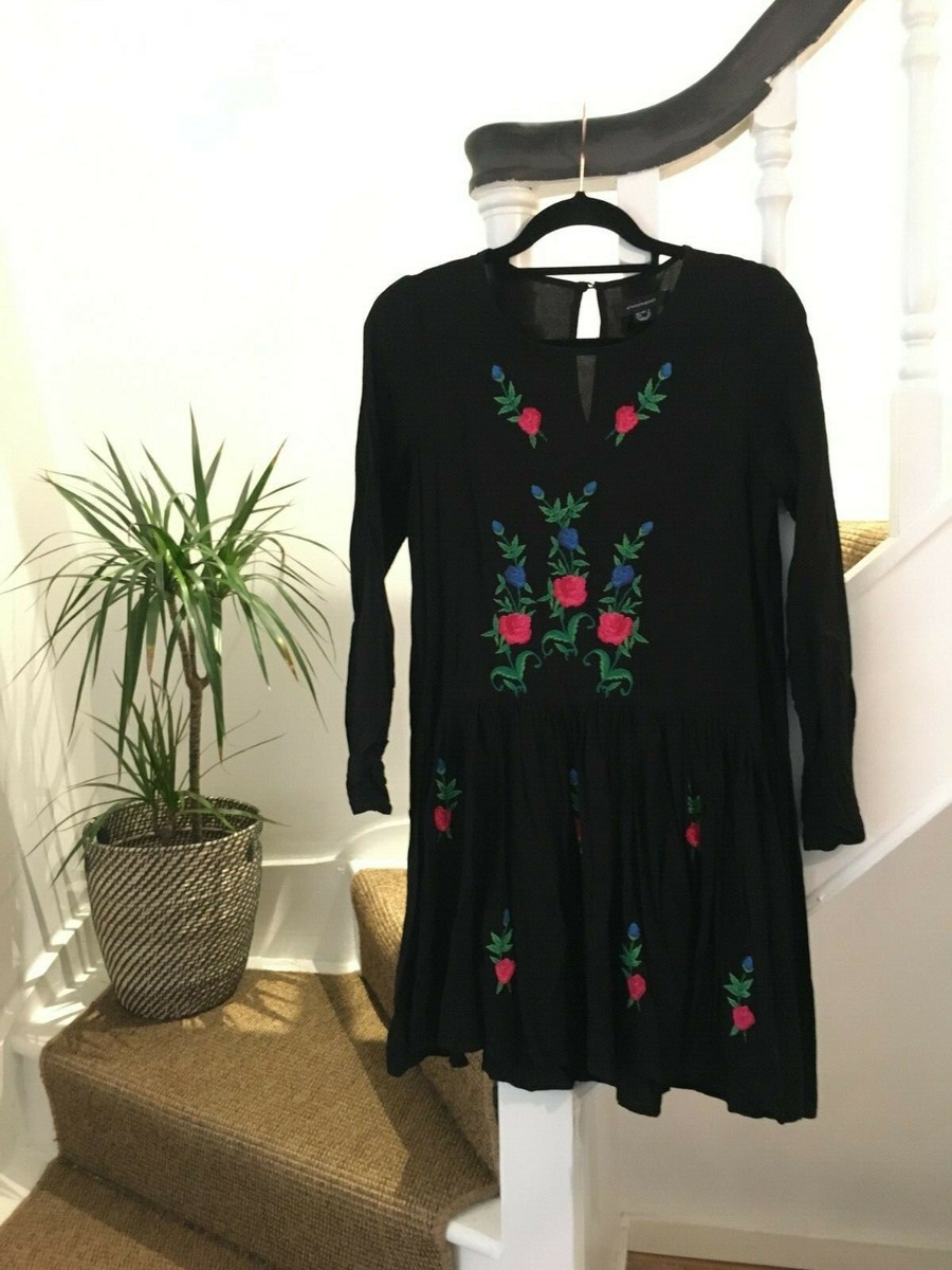 Black floral smock dress with embroidered design. Size UK 8