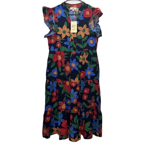 Entro Dress Womens Small Tiered Midi Bright Floral V Neck Ruffle Sleeve NWT