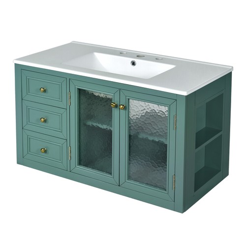 Wall Mounted Bathroom Vanity w/ Ceramic Sink, Floating Bathroom Storage Cabinet - Picture 10 of 21