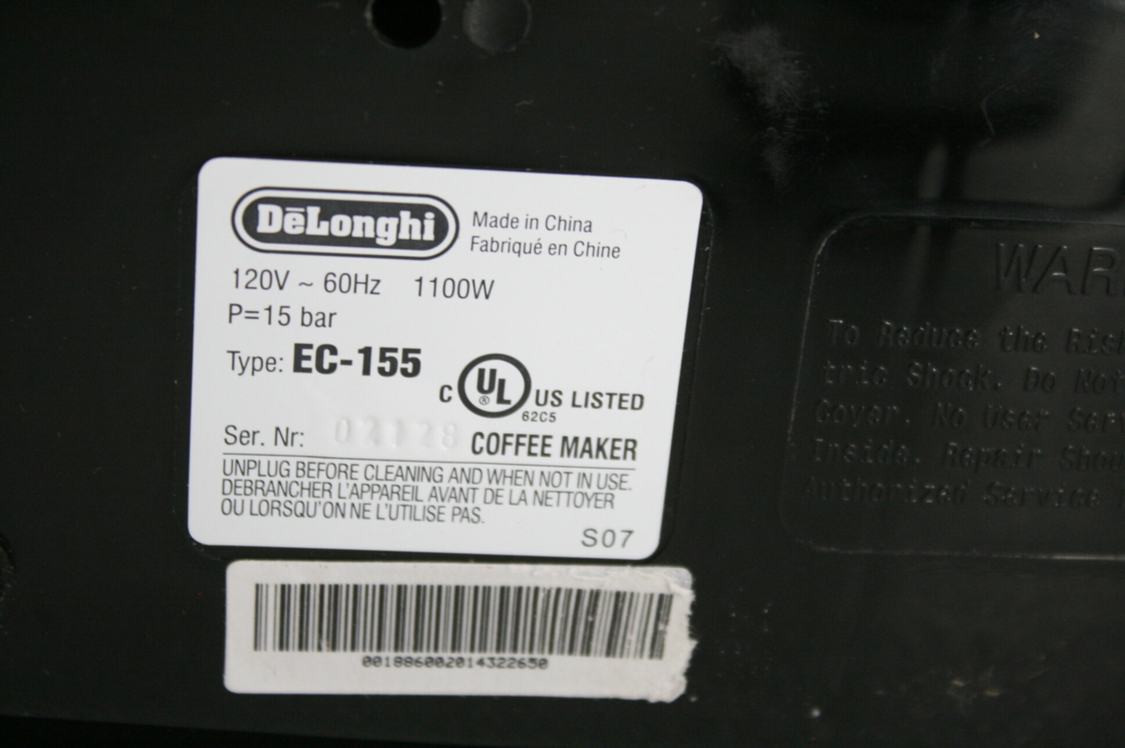 FOR PARTS DeLonghi EC155 Fifteen Bar Espresso Cappuccino Machine Black