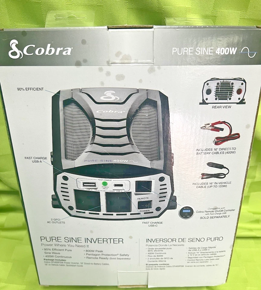 Cobra PURE SINE 400W Pure Sine Wave 400 Watt Power Inverter With Cables CPAP NEW - Image 2 of 4