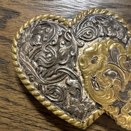 Dual Flower Swirl Hearts Belt Buckle - Crumrine - Heavy Silver Plate Bronze - Picture 5 of 5