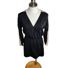 Parker Womens Small 100% Silk Faux Wrap Colorblock Long Sleeve Mini Dress Black