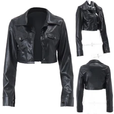 Womens Jackets PU Leather Outerwear Cosplay Crop Top Motorcycle Style Clubwear