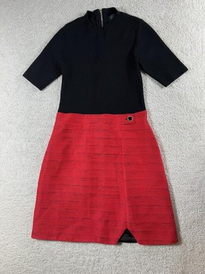 Ted Baker Dress Womens 2 Black Red Colorblock Knit Tweed A-Line Exposed Zip