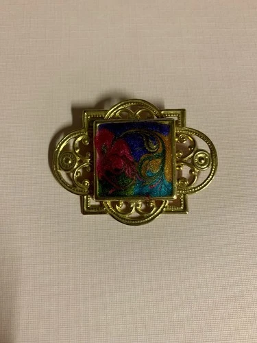 Vintage Gold Tone Enamel Costume Jewelry Brooch Pin with Multi Color Inlay
