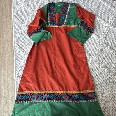 Red/Green Embroidered Geometric V-Neck Long Sleeve Cotton traditional dress S