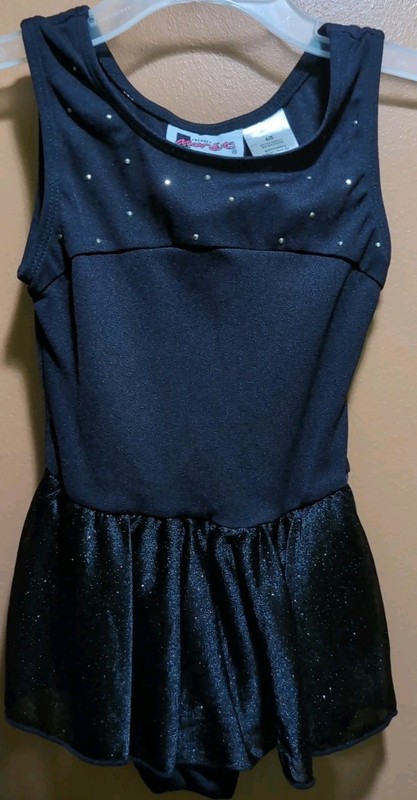 Moret: Girls Black Skirted Leotard With Tiny Rh.St. & Silver Flecks, Size 4/5