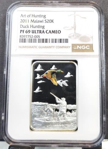 2011 MALAWI SILVER 20 KWACHA ART OF DUCK HUNTING NGC PF 69 ULTRA CAMEO TOP POP 1