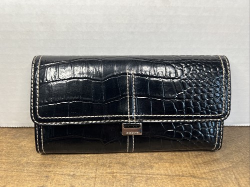 Vintage Liz Claiborne Faux Croc Black TriFold Wallet Card Holder - Picture 2 of 12