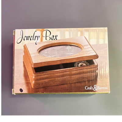 NIB Croft & Barrow Oak Finish Oval Etched Glass Lift-Top Wood Jewelry Box Brown