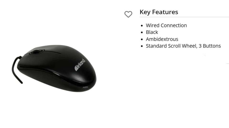 INLAND USB OPTICAL MOUSE BLACK WIRED PC MAC ANDROID CHROME LINUX NEW #398529 - Image 3 of 4