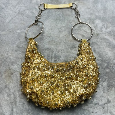 #ad Beaded Hobo Bag Purse Gold Silver Shoulder Strap Blingy Baubles Boho Purse