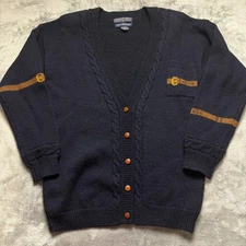 Vintage Herman Geist Sweater Womens Small Navy Blue Knit Wool Hand Embroidered