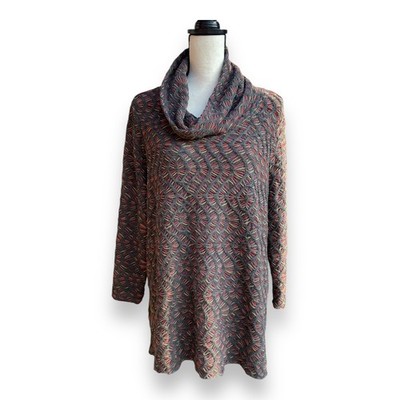 Ali Miles Cowl Neck Tunic Sweater Gray Red Yellow Textured Knit L Large
