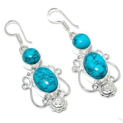 Blue Turquoise Gemstone Handmade 925 Sterling Silver Jewelry Earring Size 2''