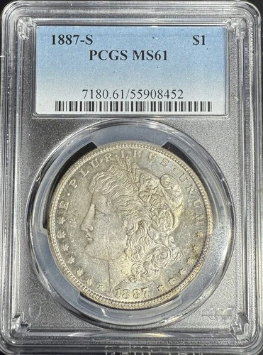 1887-S MORGAN SILVER $1 PCGS MS61 Lightly Toned Rev PL shiny background