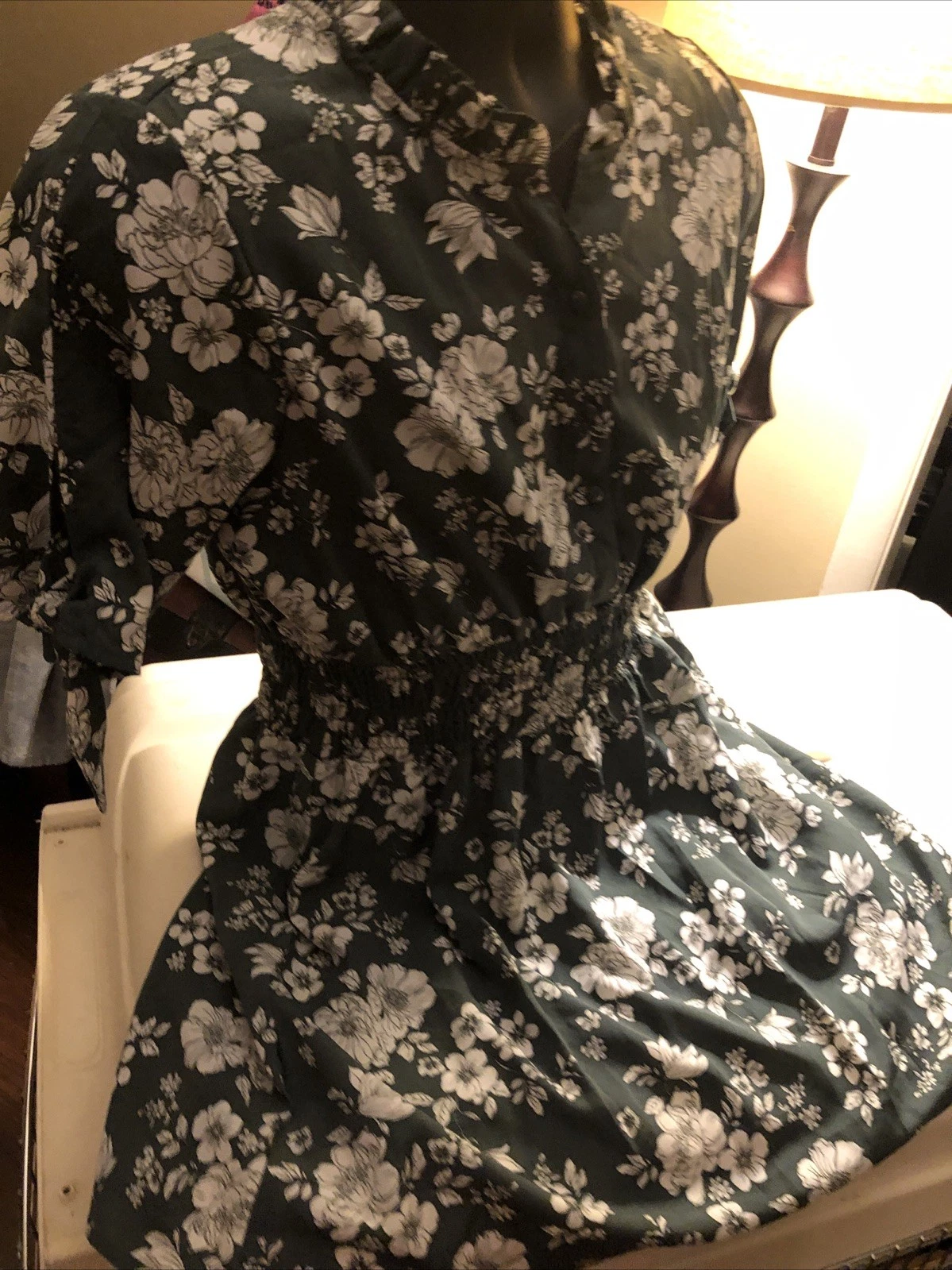 OFF WHITE Abito floreale J for Justify estate autunno. Taglia L misto cotone verde e bianco sporco