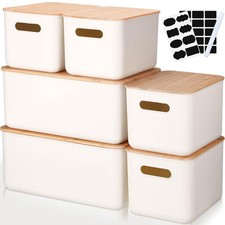 6 Packs Plastic Storage Bins with Bamboo Lids Stackable Storage Box Container...