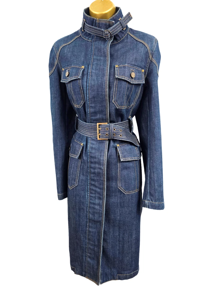 KAREN MILLEN 10 UK VINTAGE DENIM CREMALLERA CINTURÓN MILITAR LARGO GABARDINA CHAQUETA MAC Foto 2 de 4