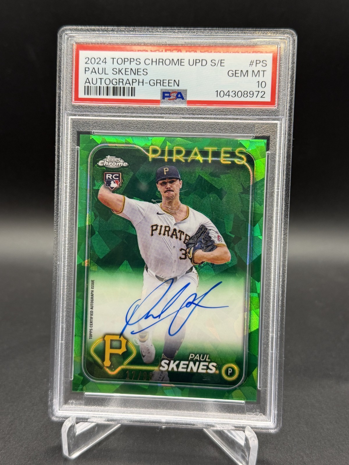 PAUL SKENES - 2024 TOPPS CHROME UPDATE SAPPHIRE RC ROOKIE GREEN AUTO /99 PSA 10