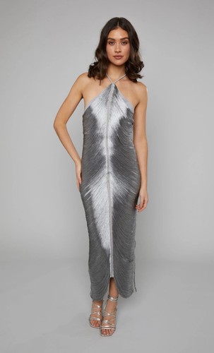 NEW RARE LONDON Halterneck Fringe Maxi Dress Silver Size UK 12 US 8 Evening