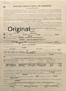 2.WK Military Government: Entnazifizierungsbogen Sept.1945