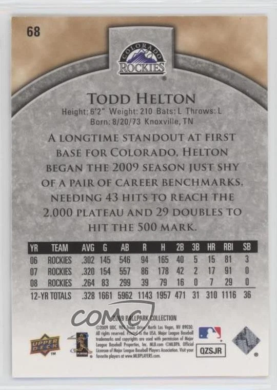 2009 Upper Deck Ballpark Collection /699 Todd Helton #68 HOF - Image 2 of 2