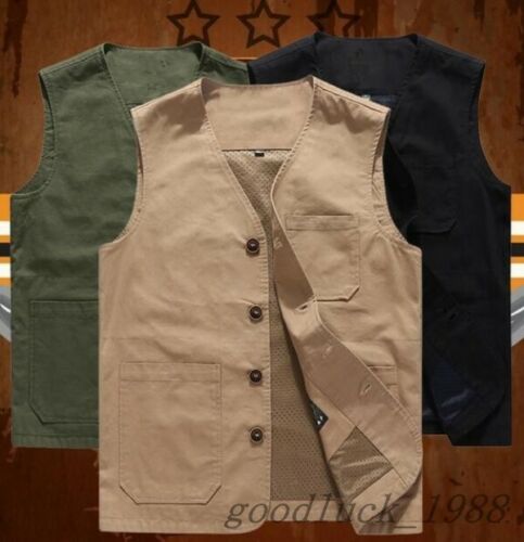 US XS-6X LMens Cotton Pockets Sleeveless Large Size Short Waistcoat Casual Vest - Bild 4 von 11