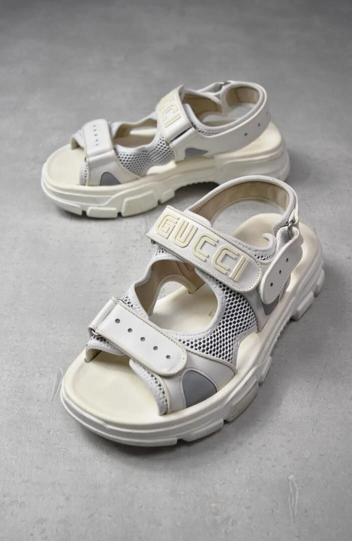 GUCCI Logo Ceinture Plateforme Sandales Mules Chaussures Homme Taille 8 Blanc Véritable