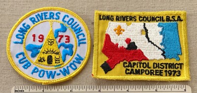2 VTG 1973 LONG RIVERS COUNCIL Boy Scout Pow Wow & Camporee PATCHES BSA Camp