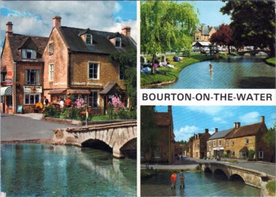 Postkarte Brücke endet Cotswold Parfümerie BOURTONONTHEWATER Wasser Himmel Kunst AA00263